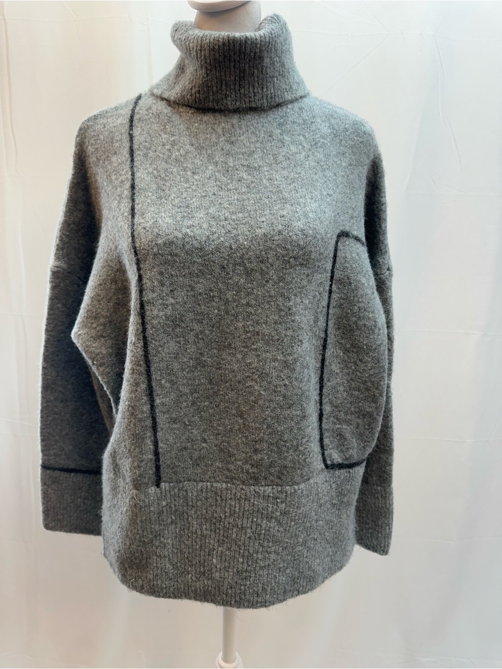 Zara Gray Chunky Turtleneck Sweater with Contrast Piping S NWTS